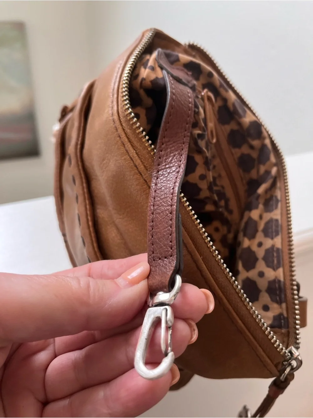 Vintage Brighton Tan Leather Crossbody Bag with Decorative Strap and Tassel